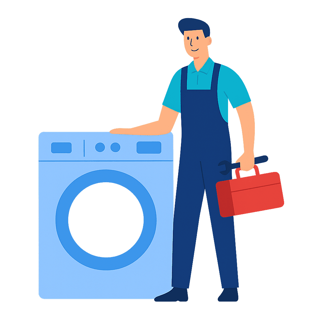 ludzik stojący przy pralce ze skrzynką narzędzi