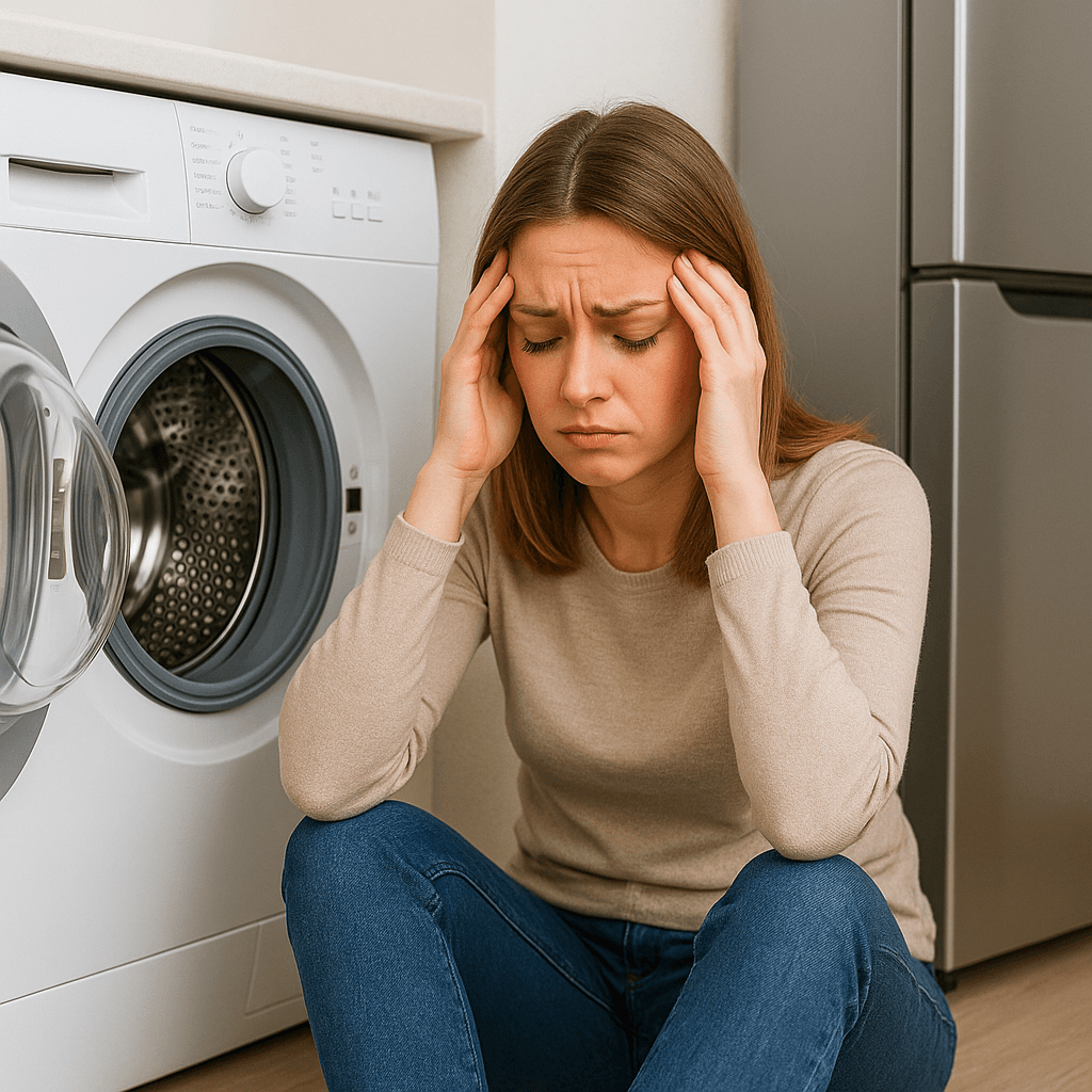 Kobieta załamana zepsutą pralką